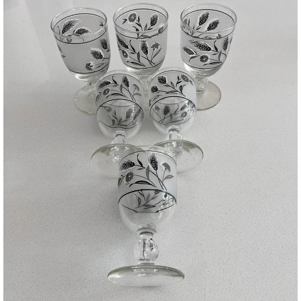 Vtg MCM Libbey Silver Wildflower & Wheat Frosted Pedestal Goblets Set Of 6